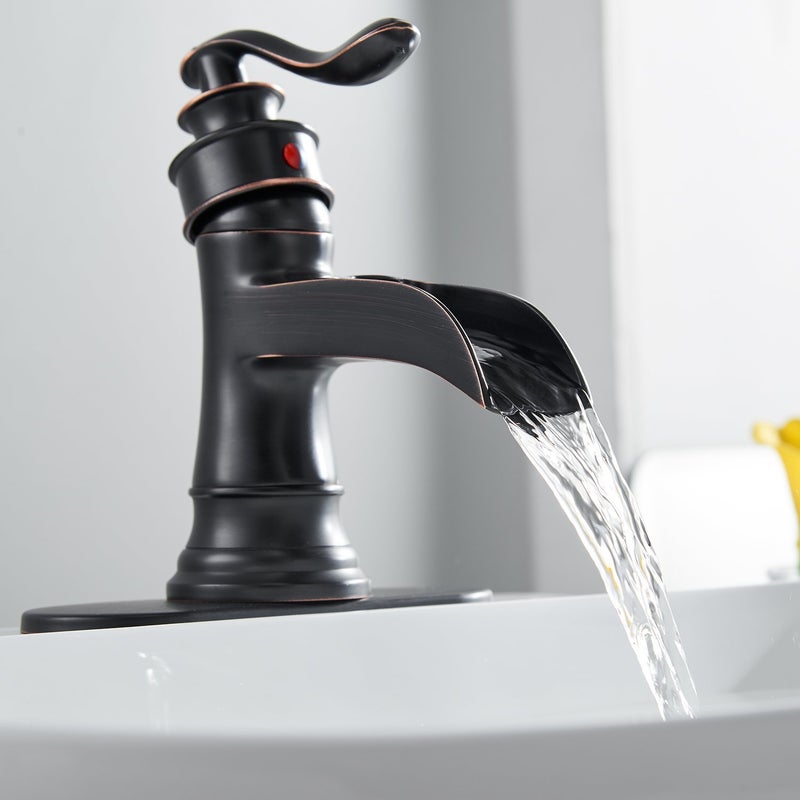 BATHFINESSE Waterfall Bathroom Faucet 1 Hole Oil Rubbed Bronze Bathroom Sink Faucets Farmhouse Lavatory Vanity Bath Deck Mount Single-Handle One Hole Mixer Tap with Pop Up Drain Supply Lines Hose by Bathfinesse - Image 4
